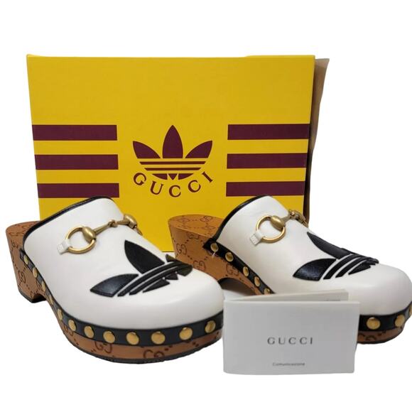 GUCCI Shoes ADIDAS X Trefoil Leather Horsebit Clog Mules Off White $1,250 Sz 35 - Picture 1 of 14